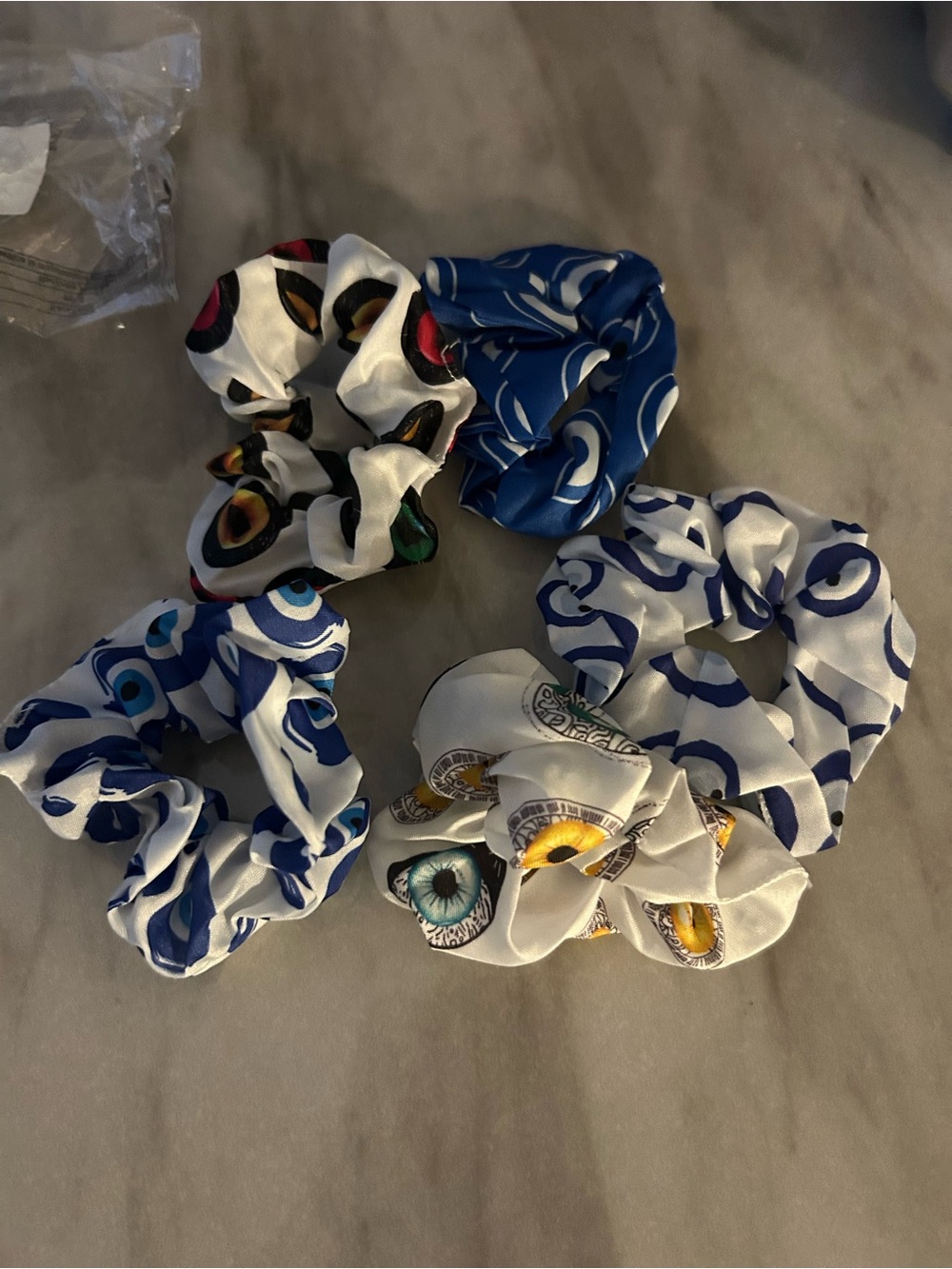Blue and White Eye-Print Satin Scrunchies - Kids Accessories